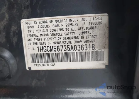 2005 Honda Accord 2.4 Ex from USA, damaged, VIN 1HGCM56735A036318